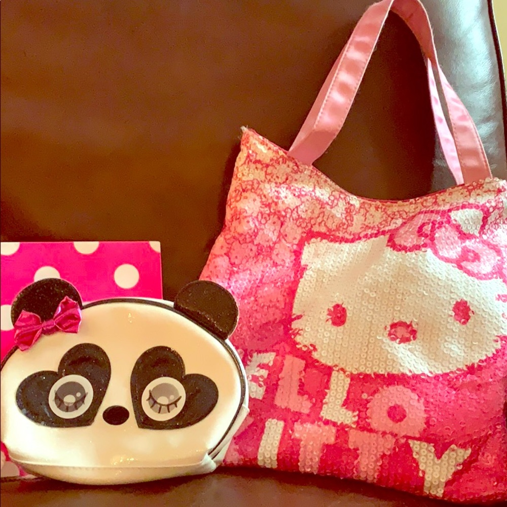 Hello Kitty sequined tote and panda makeup bag
